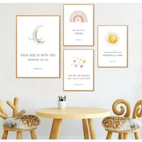 Joshua 1:9 Nursery Bible Verse Wall Art Canvas Painting Kids Scripture Poster Sun Rainbow Moon Star Prints Baby Room Decoration