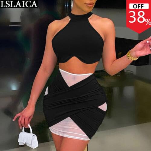 Wholesale Items Two Piece Set Women Top and Skirts Hollow Out Mesh Patchwork Sexy Womens Set Summer Party Club Skirt Suits 2021
