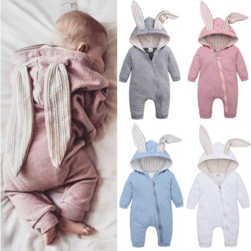 PUDCOCO Autumn Lovely Neugeborenes Baby Junge Mädchen Kaninchen Ohren Solid Strampler Overall Bodysuit Warme Kleidung 0-24M