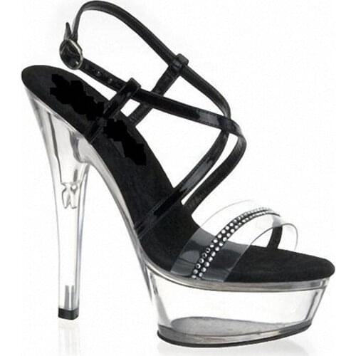 Womens shoes sexy stage 15cm stiletto sandals black 6 inch high heel shoes clear Crystal Platforms shoes