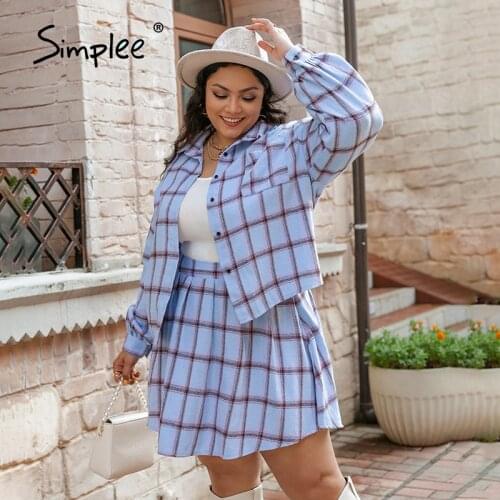 Simplee Plaidge Plus Size Office Ladies Two Pieces Sets High Waist Mini Skirt Lapel Collar Casual Coat Women Autumn sets 2021