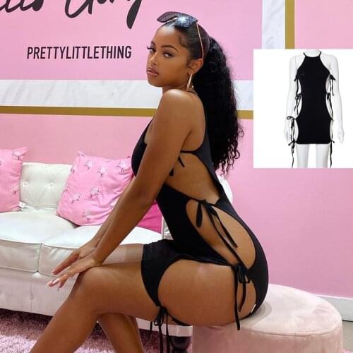 SKMY 2021 Summer New Solid Color Halter Neck Double-Sided Hollow Slim Short Dress Sexy High Waist Fashion Shopping Mini Dress