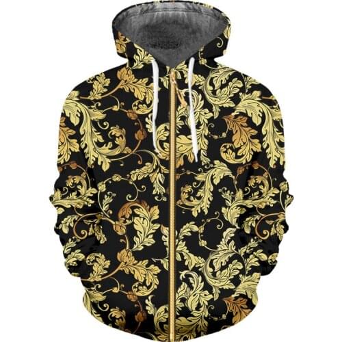Zipper Hoodies Sweatshirt Golden Leaves New 3d-printed Femme/homme Casual Oversized Baroque Trendy Vogue Fall Winter Zip Up Coat