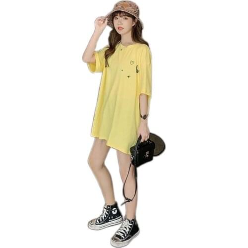 Towerke Women Cotton T-shirts Fashion Cartoon Letter Printing Shirts Half Sleeve Round Neck Tee Long Loose Casual Tops