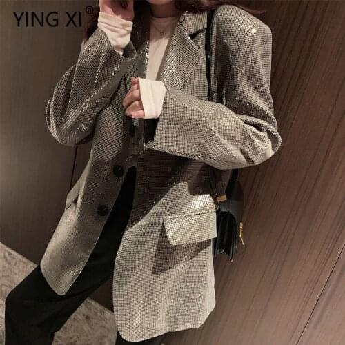 YING XI 2020 Spring Casual Loose Qianniage Sequin Blazer Feminino Notched Long Sleeve With Pockets Women Coat
