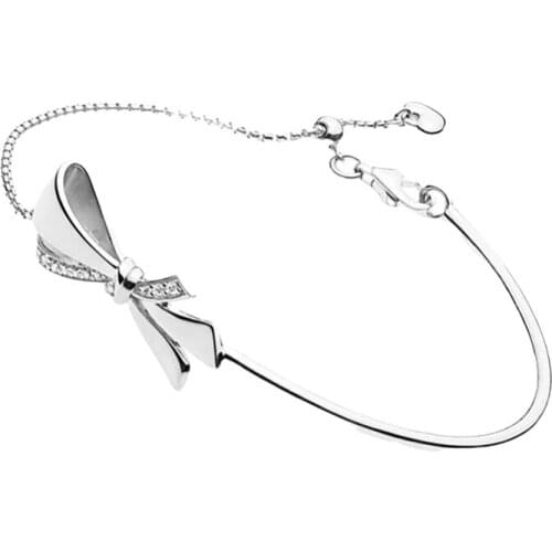 Rigid Wrist Bangle Bracelets Real Silver 925 Original Fine Jewelry For Women Chain Tubular Bar Sliding Adjuster Zircon Stone Bow