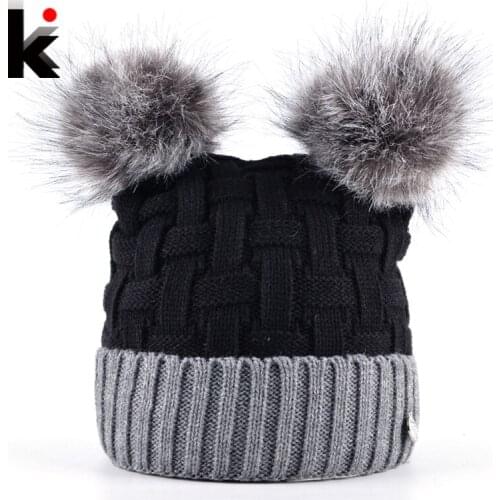 Winter Womens Beanie Hat With Two PomPom Knitting Wool Skullies Cap Female Imitation Fur Ball Knitted Beanies Bonnet Girls Touca