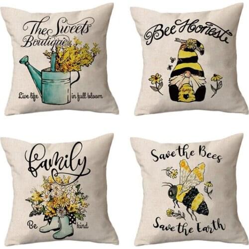 2pcs/set Flax Pillow Case Sofa Decorative Cushion Cover Cartoon Bee Pattern Square Pillowcase Home Decor Home Textile