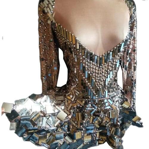 Glitter Mirror Reflective Sequin Short Dress Evening Bar Prom Party Costume Women Long Sleeve Nightclub Stage Performance Wear