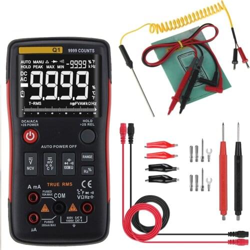 Q1 True-RMS Digital Multimeter Auto Button 9999 Counts With Analog Bar Graph AC/DC Voltage Ammeter Current Ohm Transistor Tester