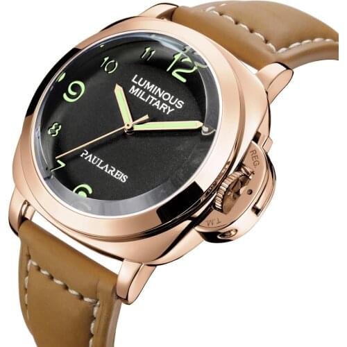 Men Automatic Mechanical Genuine Brown Leather Strap Yellow Green Military Luminous 44mm Rose Gold Watch