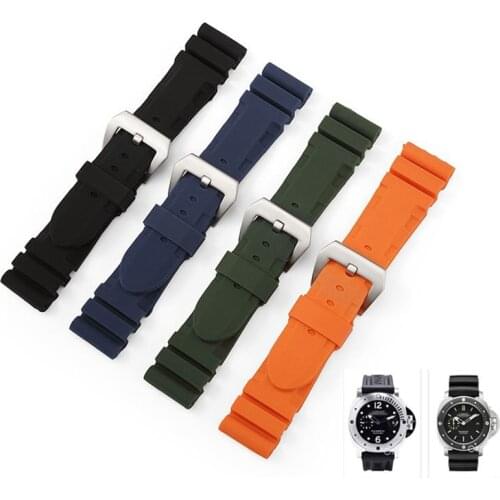 Soft Silicone Rubber Watchband 22mm 24mm Silver Black Buckle Watch Bracelet Strap Replacement for Panerai