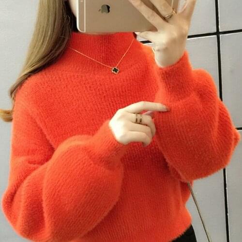 Mink Fleece Sweater Women Turtleneck Cropped Sweater Knitted Oversized Women Sweaters Pullover Long Sleeve Crop Top 2021 Jumper