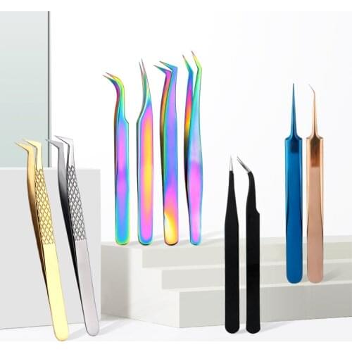 TOP quality Stainless Steel Tweezers rainbow color Straight Bend ESD Multifunction eyelash tweezers for nail sewing DIY