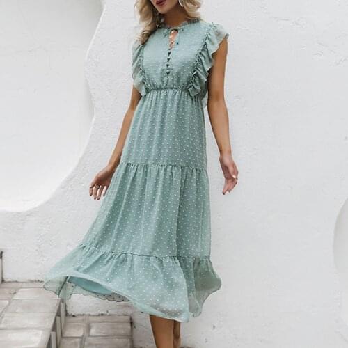 GypsyLady Dobby Casual Midi Dress Chiffon Cute Women Dress Ruffles Holiday Beach Style Sleeveless Button Front Summer Dress 2021