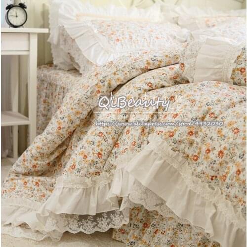 Top Luxury Embroidery European bedroom textile French small floral princess style lace ruffled cotton bed skirt four-piec