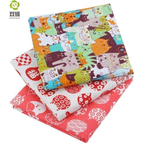 Shuanshuo Cartoon Print Cotton Linen Fabric DIY Home Decoration Patchwork Fabric For Cushion,Shopping Bag,45X45CM 3pcs/lot