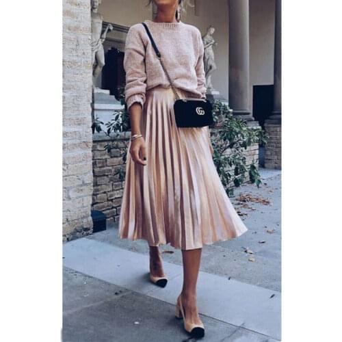 New Spring 2020 Women Long Metallic Silver Maxi Pleated Skirt Midi Skirt High Waist Casual Party Skirt Vintage Autumn Warm Skirt