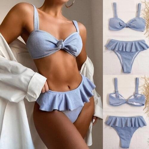 Women Summer Sexy 2 Piece Bikini Set Tie Knot Front Bra Micro Swimsuit Ruffles Patchwork High Waist Thong Ribbed Bathing Suit