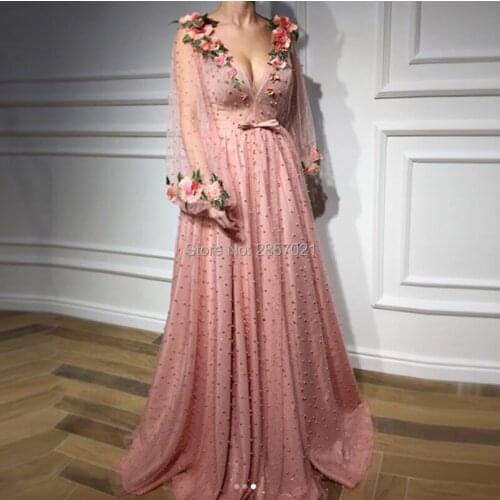 Vestidos A Line Long Prom Dresses Arabic Dubai Custom Made Long Sleeves Formal Evening Dresses Pink Robe De Soiree Turkish Gowns