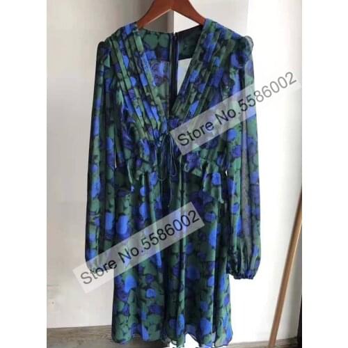 Ladies Stylish Floral Printed V Neckline Long Sleeve Pleated Detail Elastic Waist Short Mini Dress Matching With Printed Slip Li