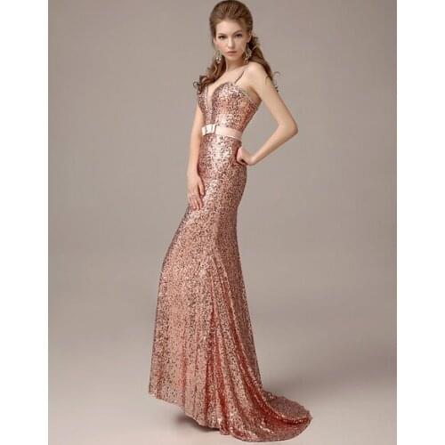 Rose Gold Prom Dresses 2020 Long Nude Mermaid Evening Dress Sequined Straps Party Dress With Tr