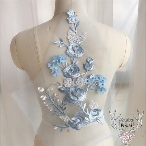 1 Large Piece Sewing Lace Fabrics 36*20cm Sky Blue Embroidery Flower Sequin Lace Applique For Wedding Dress Bridal Decoration