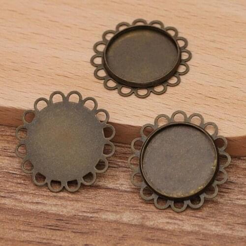 100pcs antique bronze 14-16-18-20mm lace with round cabochon tray pendant bezel blank pendant base jewelry settings