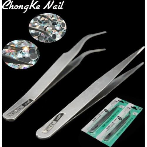2Pieces Nail Art Acrylic Nonmagnetic Picking Tool Rhinestones Gems Nippers Tweezers Stainless Steel Curved Straight Tweezer Tool
