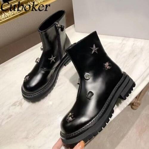 2021 Luxury Brand Runway Women Martin Boots Rhinestone Decor Shiny Short Ankle Female Boots Zip Thick Bottom Women Boots Mujer