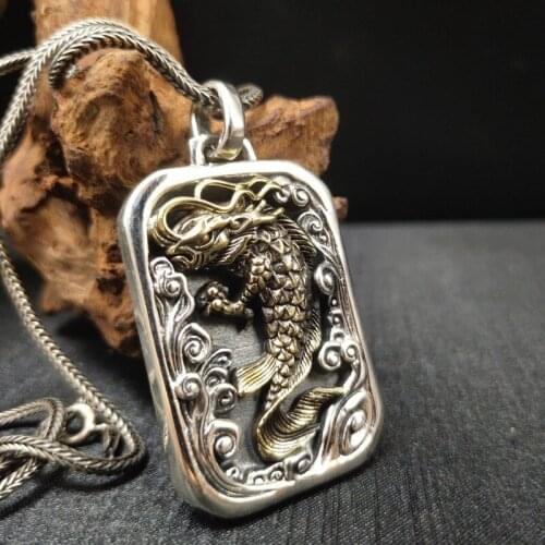 BOCAI 2021 Fashion New Real S925 Silver Golden Personality Carp Playing in Water Man and Woman Pendant Personality Retro Jewelry
