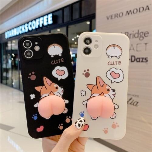 3D Squishy finger pinch Corgi Phone Case For iPhone 11 12 Pro Max 7 8 Plus XS Max X X Cute Cartoon Cover Funda Coque