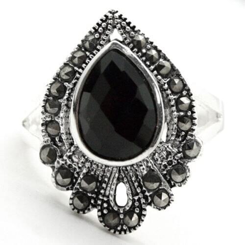 NATURAL DROP BLACK AGATES MARCASITE 925 STERLING SILVER RING SIZE 6/7/8/9