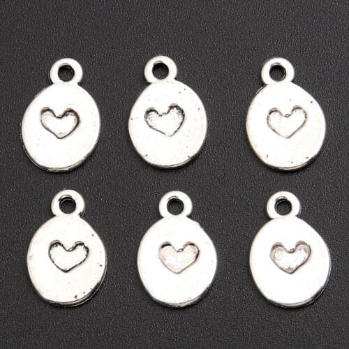100pcs Silver Color Heart Round Charm Pendant Necklace Bracelet Bangle Findings 9x13mm A1958