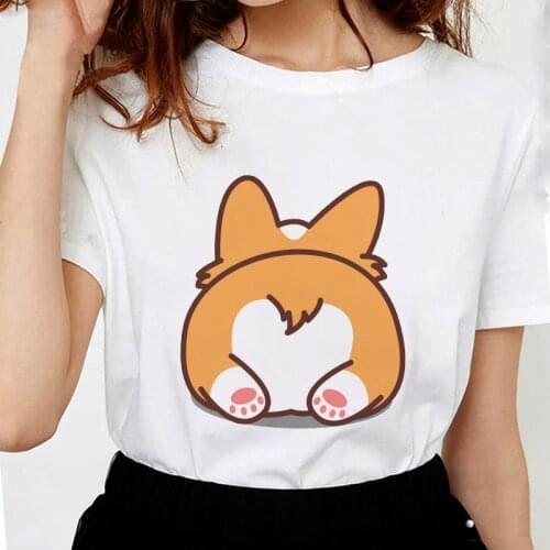 FIXSYS Women Soft Cotton Clothing Summer Fashion Butt Funny Corgi Print T Shirts Cute Graphic Tops Tee Female Popular Tshirt