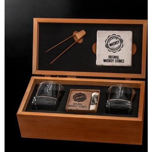 Whiskey Stones and Whiskey Glass Gift Box Set - Custom Name Holder Nameplate Personalized Customized Birthday Best Gift for Men