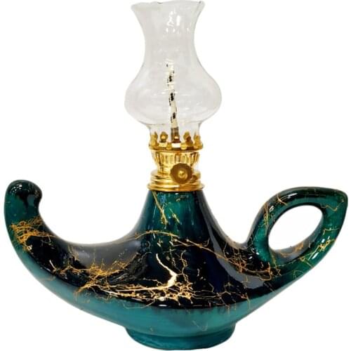 Otogar Tile with Marble Pattern Black / Emerald Green Handmade Kütahya Tile Gas Lamp Large Aladdin Kerosene Lamp With Marble Pat