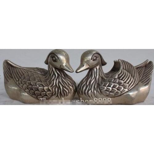 Chinese Fengshui Silver Carving Mandarin Duck Aix Galericulata Pair Statue