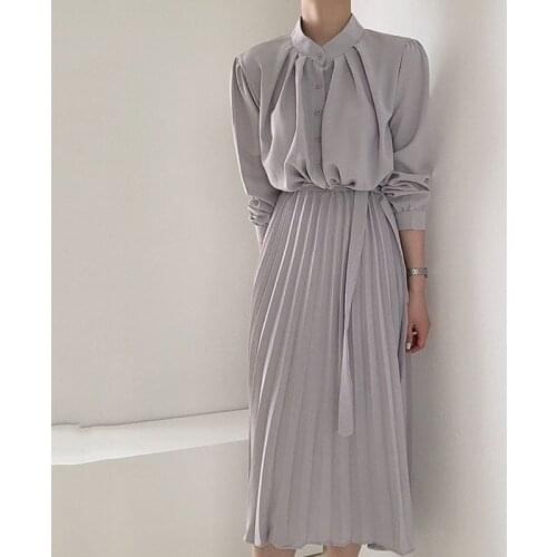 Korean Style Temperament Waist Stand Collar Long Skirt Pleated Skirt Dress