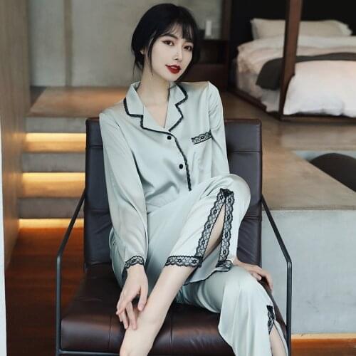Lace Satin 2PCS Sleepwear Solid Color Pajamas Set Long Sleeve Shirt&Pants Casual Sleep Set Loose Pyjamas Suit Home Clothes