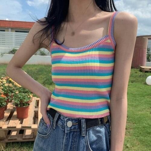 Summer Womens Rainbow Color Tank Top Sexy Square Collar Solid Sleeveless Camis Pullover Knitted Vest