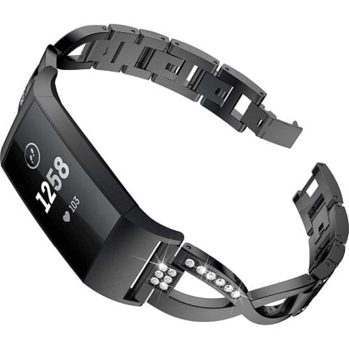 Metal Bands for Fitbit Charge 3 X-Link Metal Bracelets Adjustable Fashion Straps with Rhinestones Stainless Steel 10.26