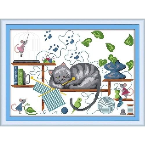 Everlasting Love Knitting Cat Ecological Cotton Chinese Cross Stitch Kit Stampted 11CT 14CT DIY Gift Printed Wedding Decoration