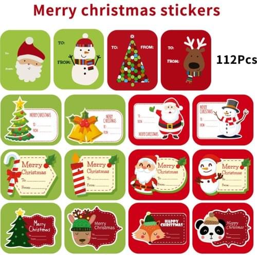 Christmas Gift Tag Stickers 56-112 pcs santa cartoon elk panda sticker Designs for Presents Wrapping Paper and envelope sticker