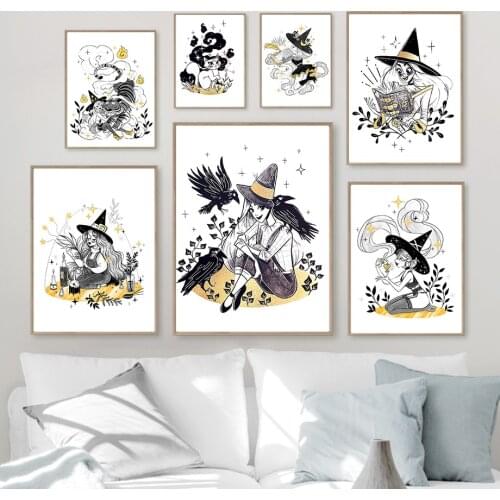 East End Magic Witch Crow Bat Cat Knight Wall Art Canvas Painting Nordic Posters And Prints Pictures For Living Room Home Decor