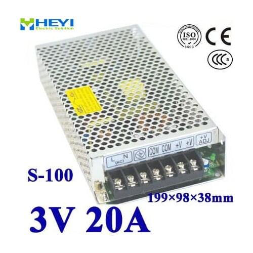 Single output switching power supply 3V 20A 100~120V/200~240V AC input LED power supply 100W 3V transformer