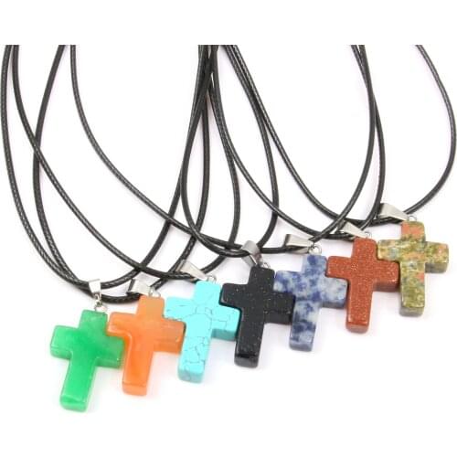 Wax Line Necklace Cross-Shaped Semi-Precious Stones Pendant Jesus Charm Temperament Necklace Accessories Jewelry For Ms 18x25mm