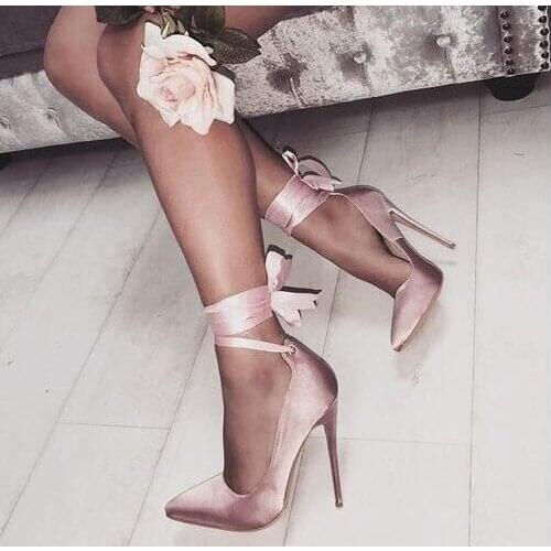 Sexy Pink Satin Riband Lace-up Wedding Shoes Bride Stiletto Heels Pointed Toe Pump Women Shoes High Heels Ladies Dress Shoes