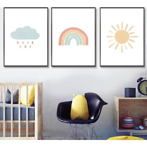 Rainbow Clouds Sun Watercolor Cartoon Posters and Prints Nursery Wall Art Pictures Nordic Style Canvas Painting Baby Room Decor