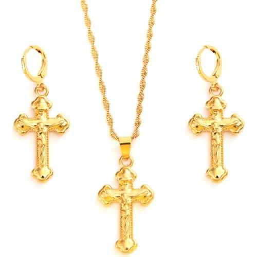 Gold plated cross Pendant Necklace chain Earrings sets Jewelry Gold Christian jewelry sets for women girl Best Jesus Gifts